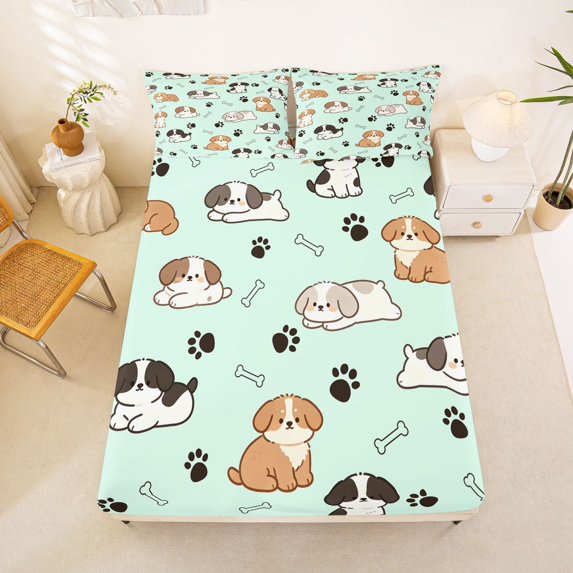 Manfei Cartoon Dog Illustration Fitted Sheet Full, Puppy Paw Bone Bed Set, Green, 3 Pieces, 1 Fitted Sheet and 2 Pillowcases