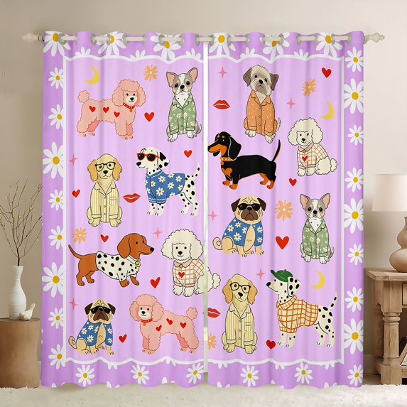 Manfei Cartoon Dog Print Blackout Curtains, Spring Groovy Daisy Curtains Pack of 2 (42x84 Each), Lavender