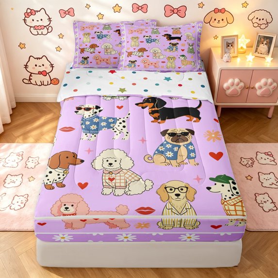 Manfei Cartoon Dog Print Zipper Full Size Comforter Sets with Fitted Sheet and 2 Pillowcases, Spring Groovy Daisy Zipper Bedding Set, Lavender, Polkadot Reversible, 4 Pieces