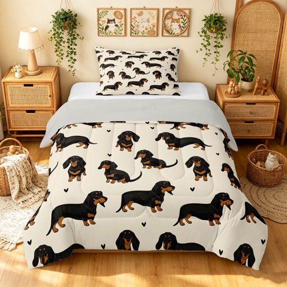 Manfei Cartoon Dog Twin Comforter Sets, Kawaii Cartoon Dachshund Bedding Set, Black Tan, Gray Reversible, 2 Pieces, 1 Comforter and 1 Pillowcase