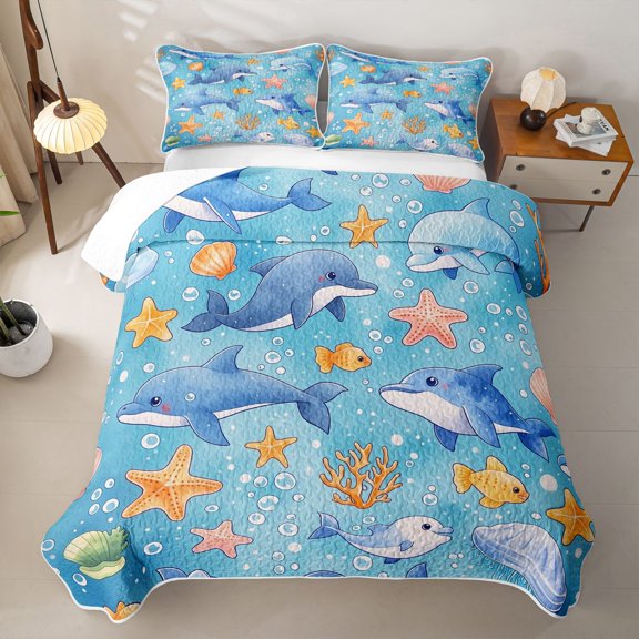 Manfei Cartoon Dolphin Bed Spread Queen for Boys and Girls, Cute Fish Queen Coverlet Set, 3pcs