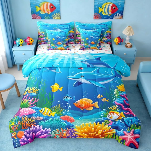 Manfei Cartoon Dolphin Bedding Comforter Set for Kids Boys and Girls, Tropical Fish Coral Full Bedding Set, Stars Reversible 7-Piece