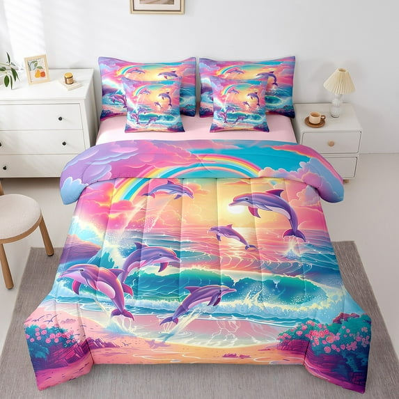 Manfei Cartoon Dolphin Bedding Full Size,Ocean Sea Beach Comforter Sets with Sheets,Rainbow Flower Floral Bedding Sets Full Size For Girl,Lightweight Bedroom Decorative Reversible,7pcs