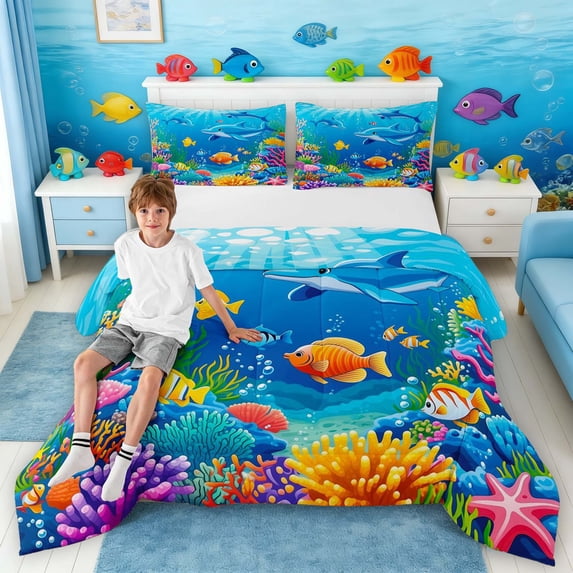 Manfei Cartoon Dolphin Queen Comforter Set for Kids Boys and Girls, Tropical Fish Coral Bedding Comforter Set, Stars Reversible 3-Piece, 1 Comforter and 2 Pillowcases