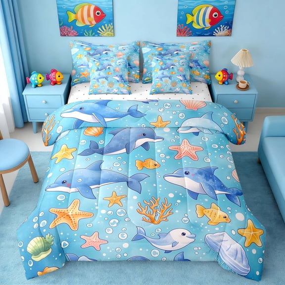 Manfei Cartoon Dolphin Twin Bedding Sets for Kids Boys and Girls, Cute Fish Bedding Comforter Set, Reversible 7-Piece