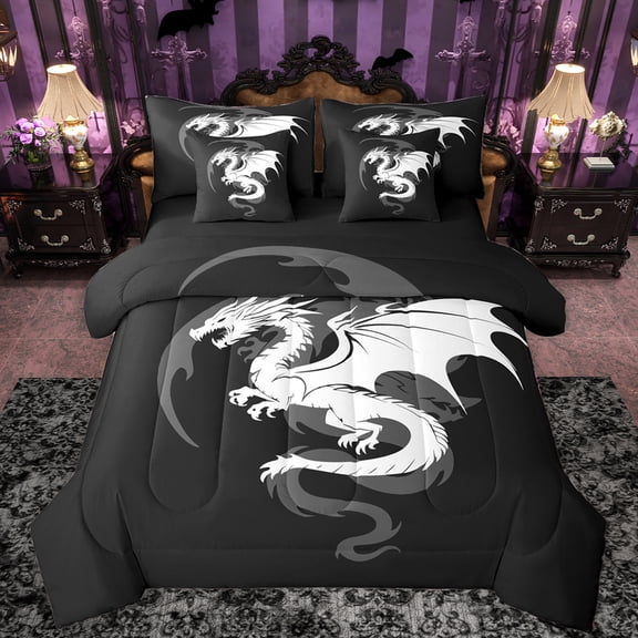 Manfei Cartoon Dragon 7-Piece Twin Bedding Sets,Magic Animal Bedding Comforter Set,White Black Sheet Sets For Teens Boys,Breathable Home Decor Reversible