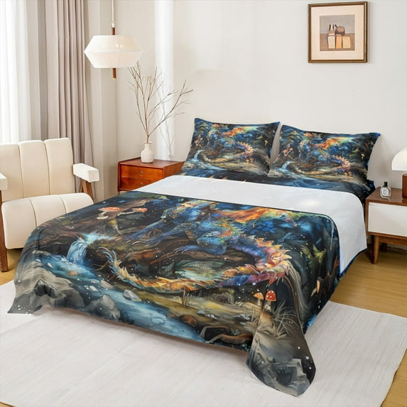 Manfei Cartoon Dragon Bed Sheets for Boys, Watercolor Wildlife King Sheets, Magic Animal Sheet Set, Breathable Home Decor 4pcs