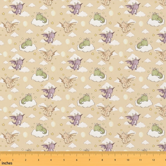 Manfei Cartoon Dragon Fabric by the Yard 10 Yards, Cute Rainbow Home Decor Fabric by the Yard, Beige Ivory