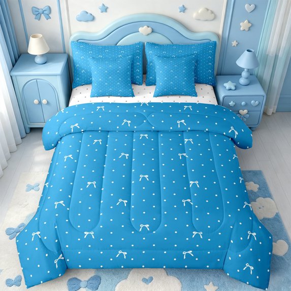 Manfei Cartoon Dreamy Bow 7-Piece King Bedding,Blue Princess Bowknot King Bed in a Bag,Reversible