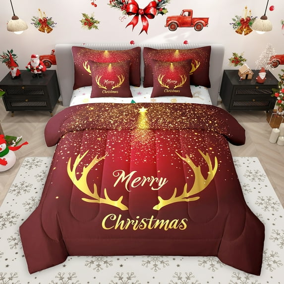 Homewish Cartoon Dreamy Reindeer Bedding Comforter Set 7pcs, Gold Glitter Christmas Stars King Bedding Sets, Happy New Year Reversible Bed Sheets, Breathable Home Decor