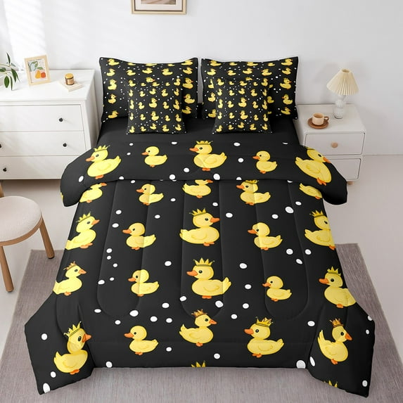 Manfei Cartoon Duck 7-Piece Twin Bedding Sets,Polka Dots Bedding Comforter Set,Black Yellow Breathable Sheet Sets,Lightweight Animal Room Decorative,Reversible
