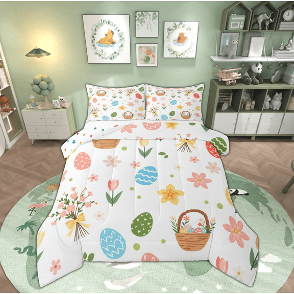 Manfei Cartoon Easter Eggs Full Size Comforter Sets for Teen, Pink Cherry Blossoms Bedding Comforter Set, Cute Princess Style Reversible Bedding Sets, Microfiber Bedroom Decor, 3 Pieces