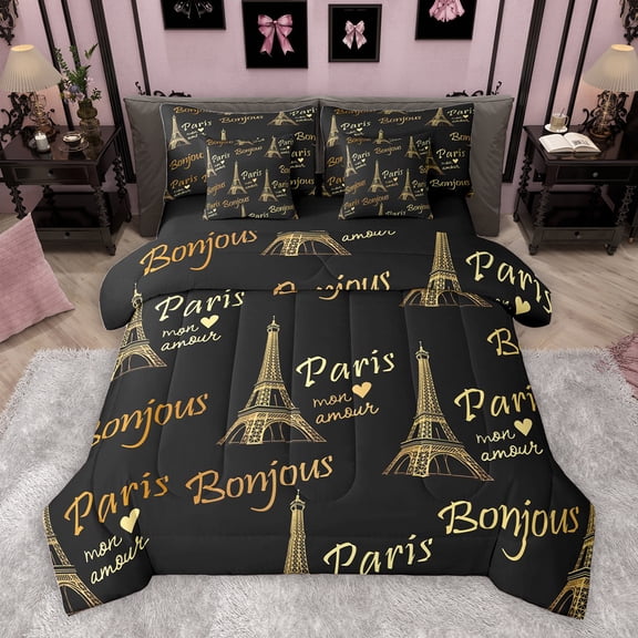 Homewish Cartoon Eiffel Tower Bedding Comforter Set 7pcs, Black Gold Cartoon King Bedding Sets, Romantic French Paris Reversible Bed Sheets, Lightweight Room Decor