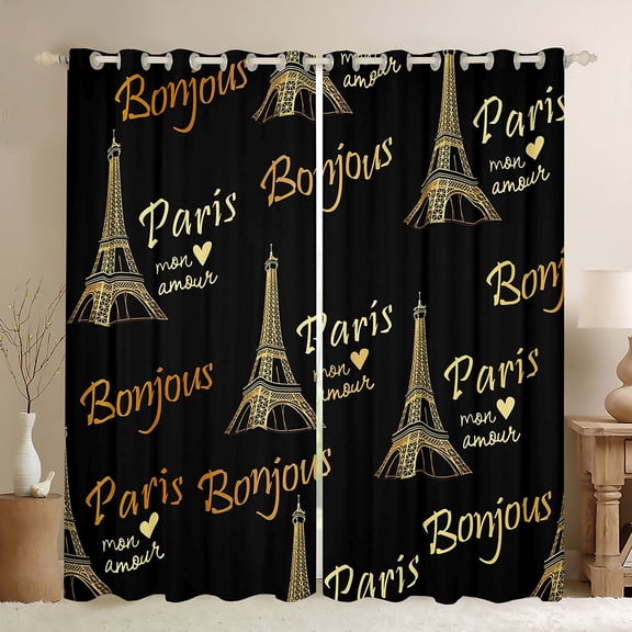 Homewish Cartoon Eiffel Tower Blackout Curtains Set of 2 (52x84 Each), Black Gold Cartoon Window Curtains, Romantic French Paris Curtains and Drapes, Window Curtains Room Decor