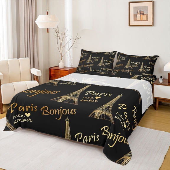 Homewish Eiffel Tower Queen Sheets, Black Gold Paris 4-Piece Lightweight Room Decor