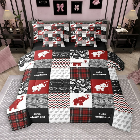 Manfei Cartoon Elephant Animal 7pcs Bedding Comforter Set, Chic Stripes Abstract Queen Bedding Sets, Black Red Patchwork Reversible Queen Sheet Sets, Breathable Home Decor