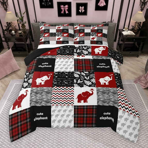 Manfei Cartoon Elephant Animal Bedding Comforter Set, Chic Stripes Abstract Twin Comforter Sets, Black Red Patchwork Reversible Bedding Set, Breathable Home Decor, 2 Pieces