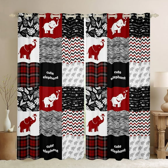 Manfei Cartoon Elephant Animal Black Out Curtains, Chic Stripes Abstract Curtains Pack of 2 (42x63 Each), Black Red Patchwork Bedroom Curtains, Curtains and Drapes Home Decor