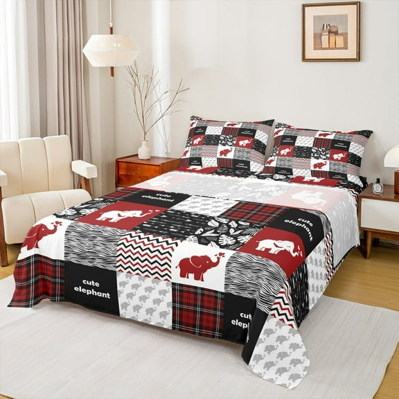 Manfei Cartoon Elephant Animal Full Size Sheets, Chic Stripes Abstract Bed Sheets, Black Red Patchwork Sheet Sets, Breathable Home Decor, 4 Pieces
