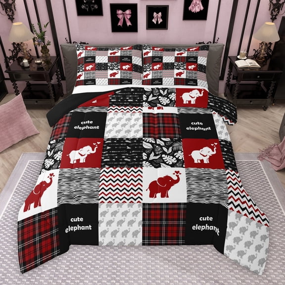 Manfei Cartoon Elephant Animal Queen Comforter Set, Chic Stripes Abstract Bedding Sets, Black Red Patchwork Reversible Bedding Comforter Set, Breathable Home Decor, 3 Pieces
