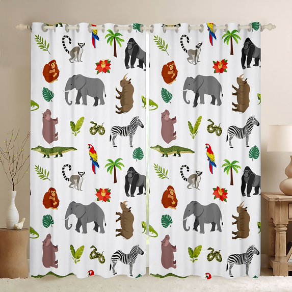 Manfei Cartoon Elephant Curtains and Drapes Pack of 2 (52x63 Each), Kawaii Zebra Wildlife Black Out Curtains, White