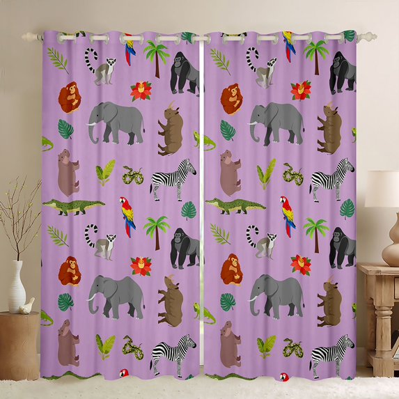 Manfei Cartoon Elephant Kitchen Curtains, Jungle Leaf Botanical Black Out Curtains Pack of 2 (42x63 Each), Purple
