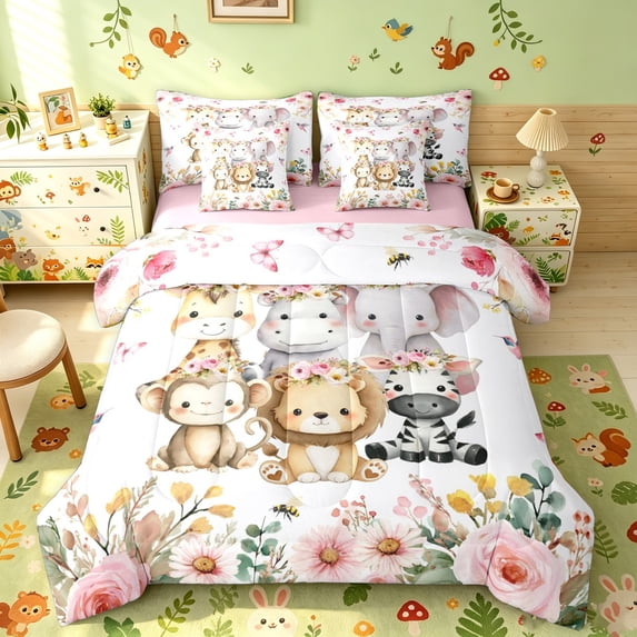 Manfei Cartoon Elephant Lion King Bedding, Waterclor Spring Flower King Bed in a Bag, White Pink, Pink Reversible, 7 Pieces