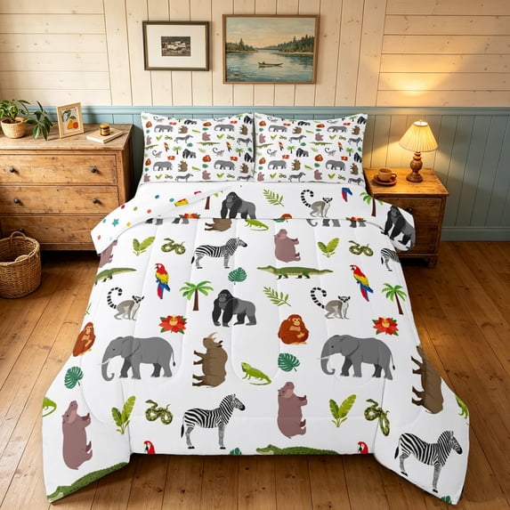 Manfei Cartoon Elephant Queen Comforter Set, Kawaii Zebra Wildlife Comforter Sets Queen, White, Polkadot Reversible, 3 Pieces, 1 Comforter and 2 Pillowcases