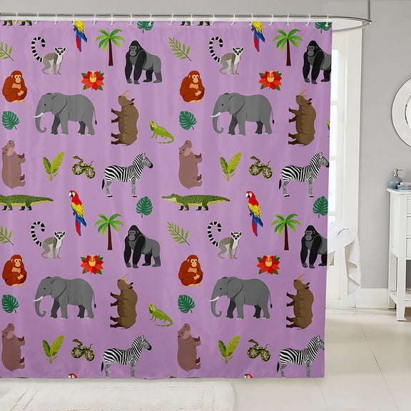 Manfei Cartoon Elephant Shower Curtain 72Wx72L, Jungle Leaf Botanical Bathroom Curtain, Purple