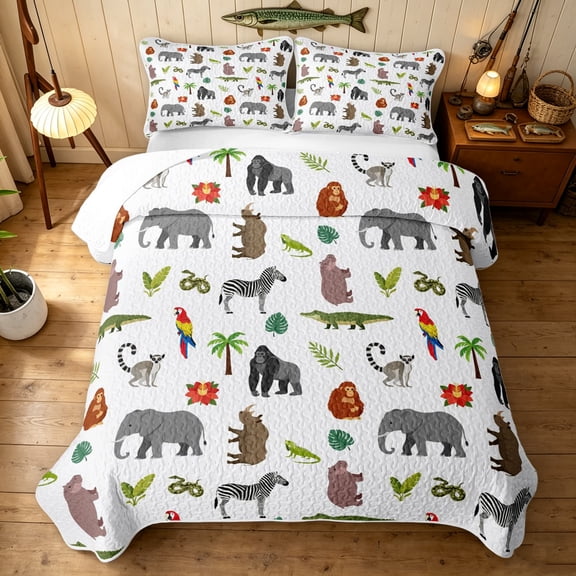 Manfei Cartoon Elephant Twin Quilt Set, Kawaii Zebra Wildlife Twin Coverlet Set, White, 2 Pieces, 1 Bedspread and 1 Pillowcase