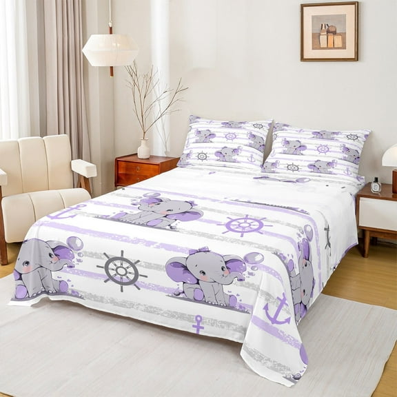 Manfei Cartoon Elephant Twin Sheet Sets 3 Pieces, Cute Zoo Wildlife Twin Fitted Sheet, Striped Print Flat Sheet, Lightweight Bedroom Decor