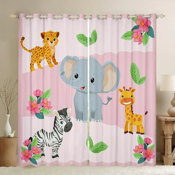 Manfei Cartoon Elephant Zebra Black Out Curtains,Cute Zoo Animal Curtains Pack of 2 (42x63 Each),Kawaii Giraffe Pink Flower Bedroom Curtains For Girls Kids,Breathable Home Decor
