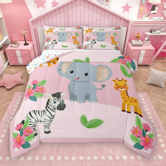 Manfei Cartoon Elephant Zebra Queen Comforter Set,Cute Zoo Animal Bedding Sets,Kawaii Giraffe Pink Flower Bedding Comforter Set For Girls Kids,Breathable Home Decor Reversible,3pcs