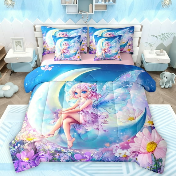 Manfei Cartoon Elf 7pcs Bedding Comforter Set,Dreamy Fairy Tale Queen Bedding Sets,Colorful Daisy Flowers Queen Sheet Sets For Girls Teens,Breathable Home Decor Reversible