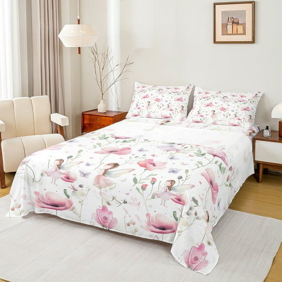 Manfei Cartoon Elf Full Size Sheets,Purple Cute Butterfly Bed Sheets,Pink Flower Floral Sheet Sets For Girl Kids,Ultra Soft Home Decor,4pcs