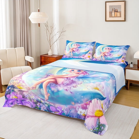 Manfei Cartoon Elf Twin Sheet Sets,Dreamy Fairy Tale Twin Fitted Sheet,Colorful Daisy Flowers Flat Sheet For Girls Teens,Breathable Home Decor,3-Piece