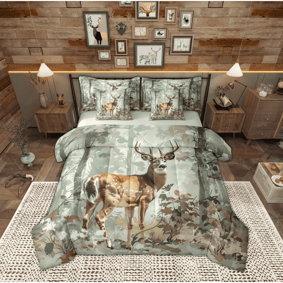 Manfei Cartoon Elk Deer Bedding Comforter Set 7pcs for Man, Vintage Western Cabin King Bedding Sets, Rustic Animal Wildlife Reversible Bed Sheets, Lightweight Room Decor