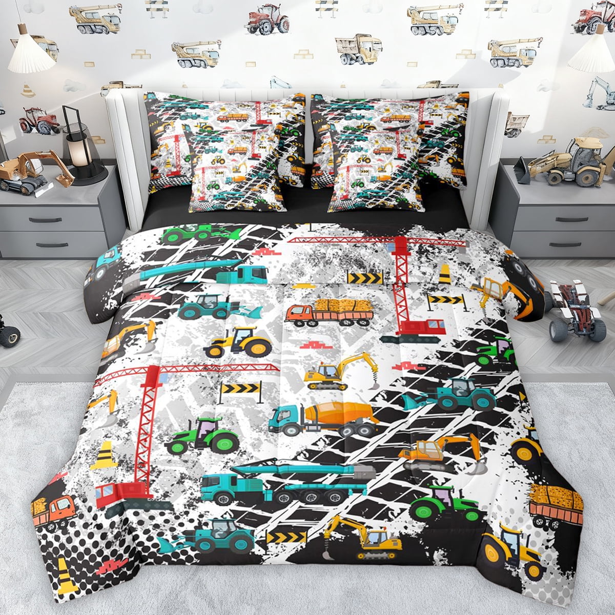 Manfei Cartoon Excavator Vehicle 7pcs Bedding Comforter Set,Equipment Truck Crane Queen Bedding Sets,Retro Geometric Circle Queen Sheet Sets For Boys,Breathable Home Decor Reversible