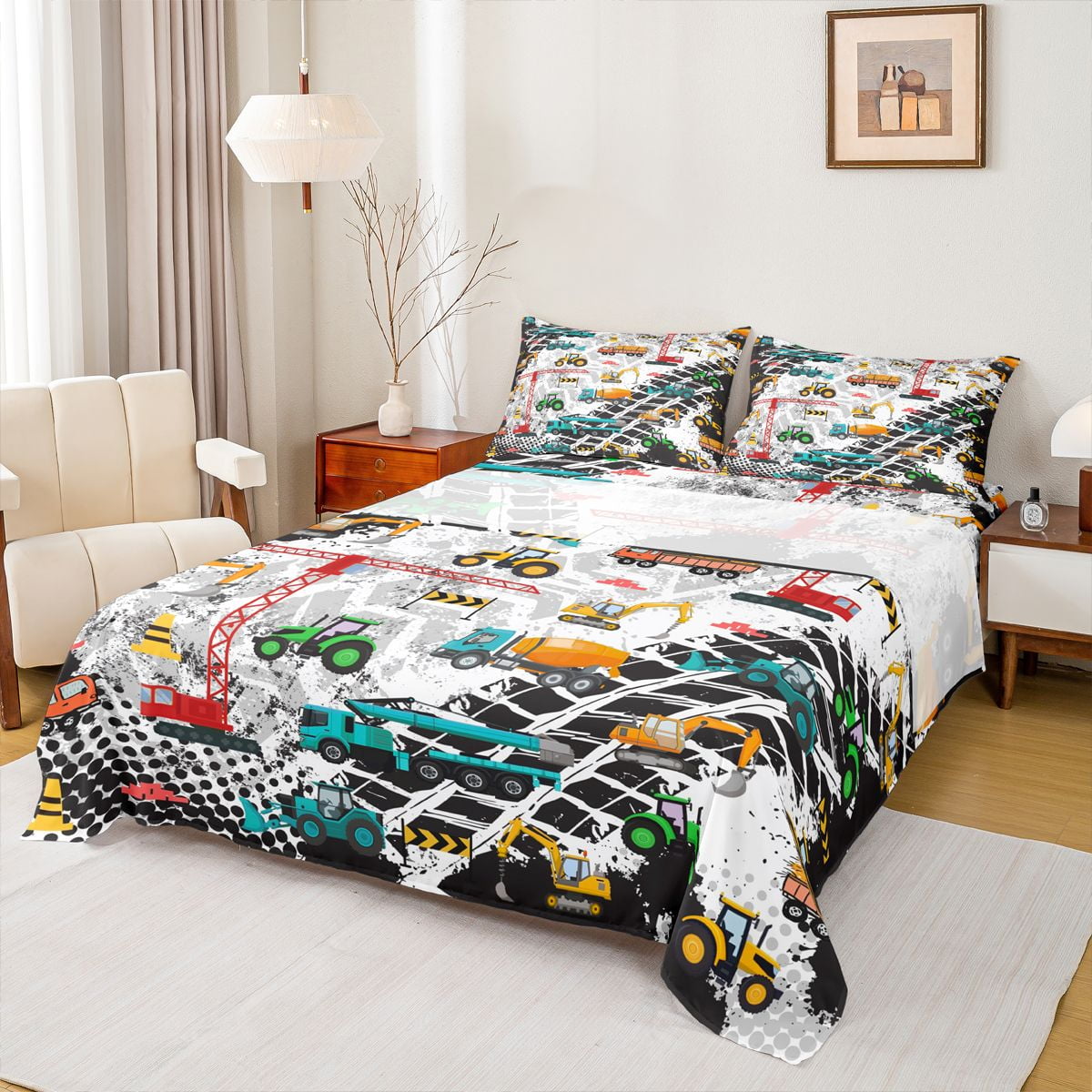 Manfei Cartoon Excavator Vehicle Bed Sheets,Equipment Truck Crane King Sheets,Retro Geometric Circle Sheet Set For Boys,Breathable Home Decor,4-Piece