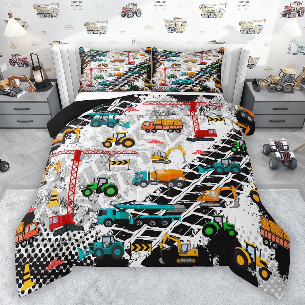 Manfei Cartoon Excavator Vehicle Queen Comforter Set,Equipment Truck Crane Bedding Sets,Retro Geometric Circle Bedding Comforter Set For Boys,Breathable Home Decor Reversible,3pcs