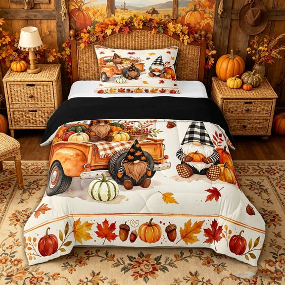 Manfei Cartoon Fall Gnome Truck Twin Comforter Sets for Teens, Orange Autumn Pumpkin Leaf Bedding Set, Black Reversible, 2-Piece, 1 Comforter and 1 Pillowcase
