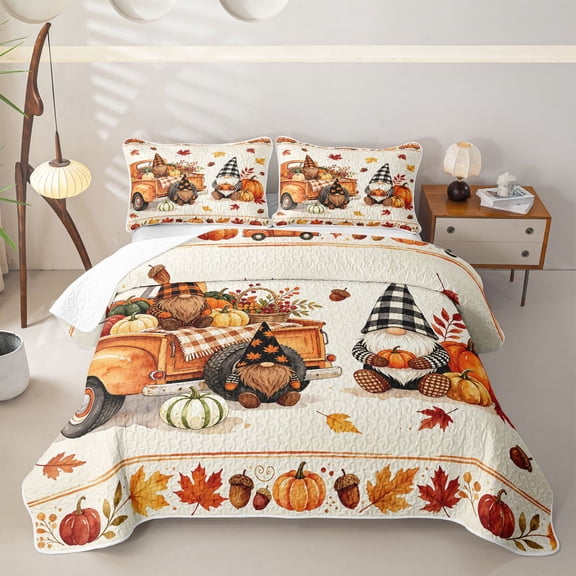 Manfei Cartoon Fall Gnome Truck Twin Quilt Set for Teens, Orange Autumn Pumpkin Leaf Twin Coverlet Set