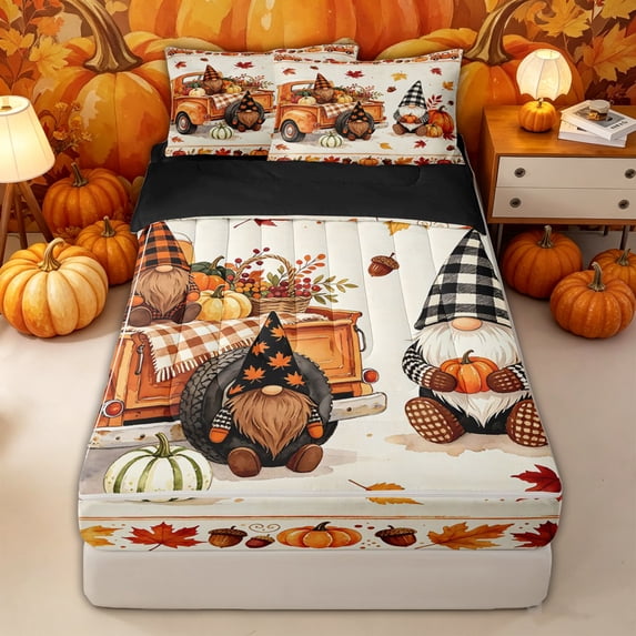 Manfei Cartoon Fall Gnome Truck Zipper Twin Comforter Sets with Fitted Sheet and 2 Pillowcases for Teens, Orange Autumn Pumpkin Leaf Zipper Bedding Set, Black Reversible, 4-Piece