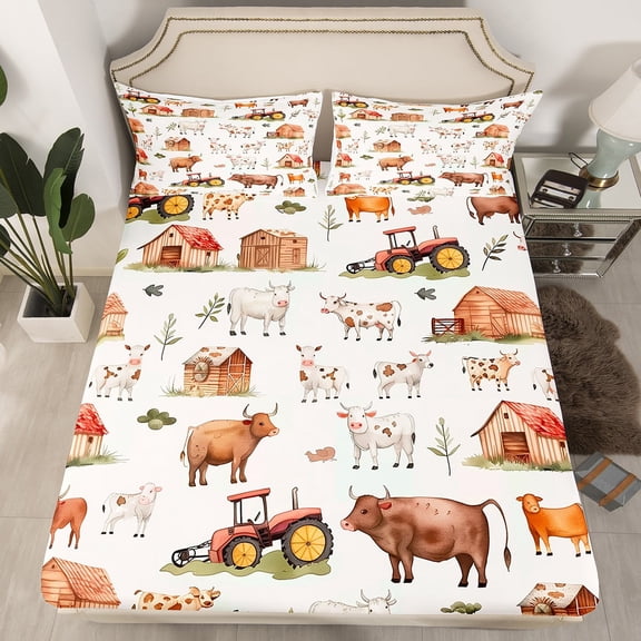 Manfei Cartoon Farm Animal Fitted Sheet Queen for Kids, Cute Cow Sheep Pig Fitted Sheet Set Queen, Farmhouse Tractor Truck Fitted Sheet Queen, Microfiber Bedroom Decor, 3pcs(No Top Sheet)