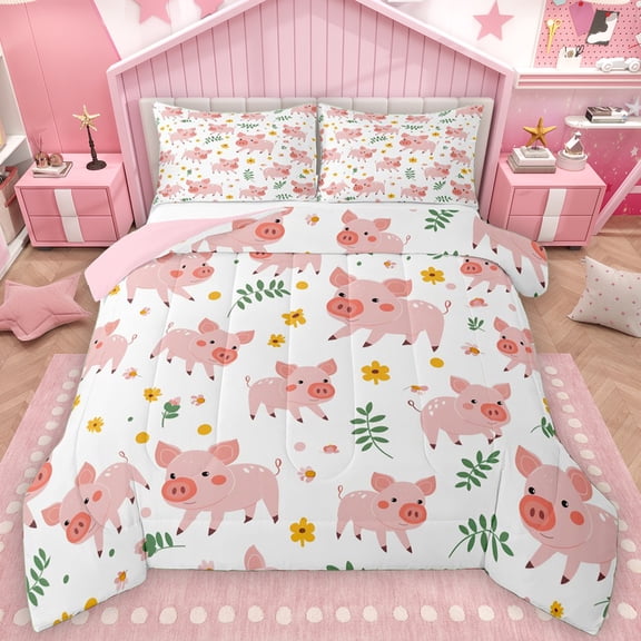 Manfei Cartoon Farm Pig Queen Comforter Set for Child, Rustic Leaf Plant Bedding Sets, Cute Flower Floral Reversible Bedding Comforter Set, Ultra Soft Bedroom Decor, 3-Piece