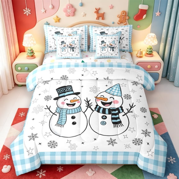 Manfei Cartoon Farmhouse Christmas 7-Piece Twin Bedding,Elegant Santa Hat Bedding Comforter Set,Xmas Reversible