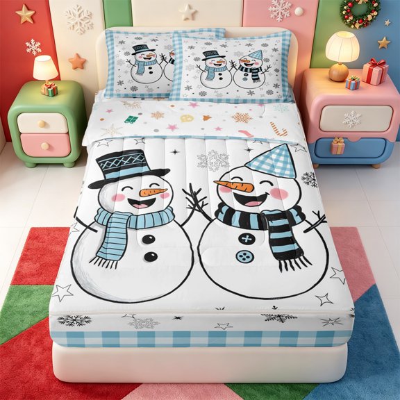 Manfei Cartoon Farmhouse Christmas Zipper Twin Comforter Sets with Fitted Sheet and 2 Pillowcases,Elegant Santa Hat Zipper Bedding Set,Xmas Reversible,4pcs