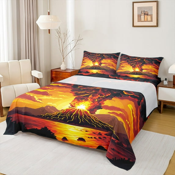 Manfei Cartoon Fire Mountain Queen Sheet Sets, Ocean Marine Flat Sheet, Teen Boy Girl Kid Queen Fitted Sheet, Luxury Bedroom Decor, 4 Pieces