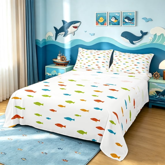 Manfei Cartoon Fish Bed Sheets, Kawaii Ocean Animal Full Size Sheets, White, 4 Pieces, 1 Flat Sheet, 1 Fitted Sheet and 2 Pillowcases