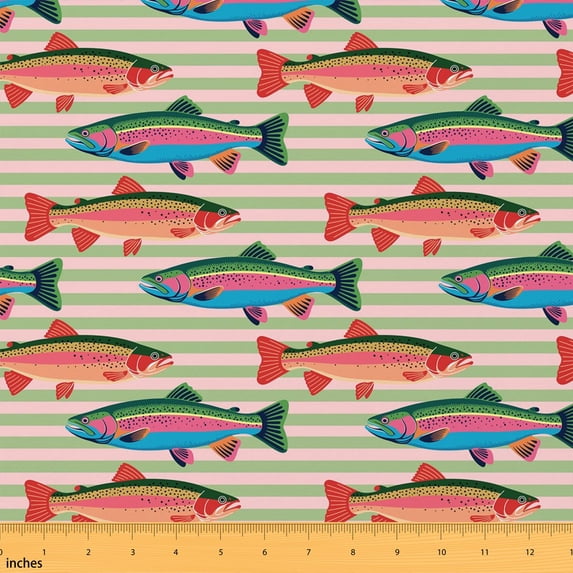 Manfei Cartoon Fish Fabric by the Yard 2 Yards, Geometric Stripe Sewing Fabric, Sage Green